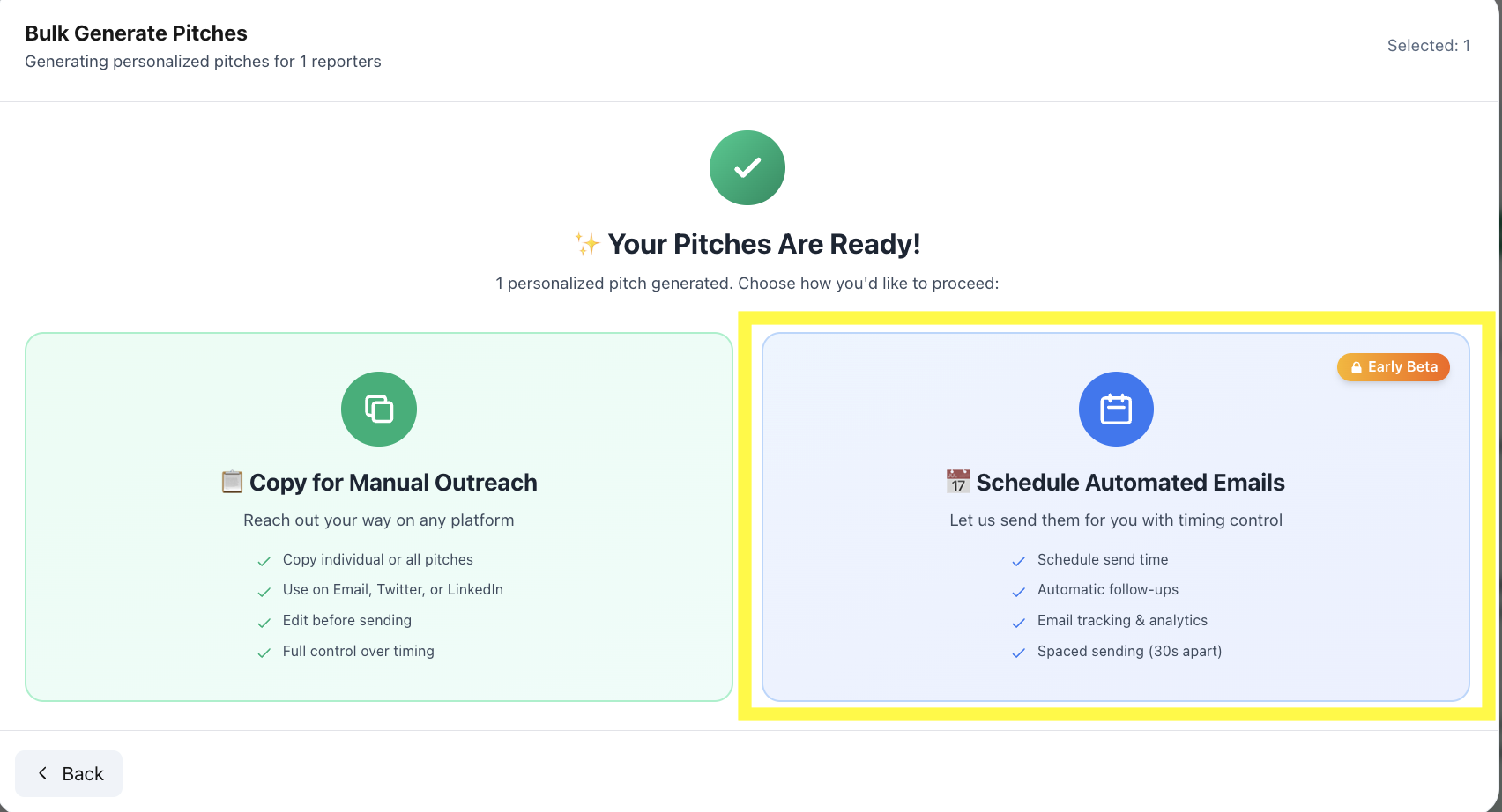 Bulk Generate Pitches modal showing two options: Copy for Direct Send and Schedule Automated Emails