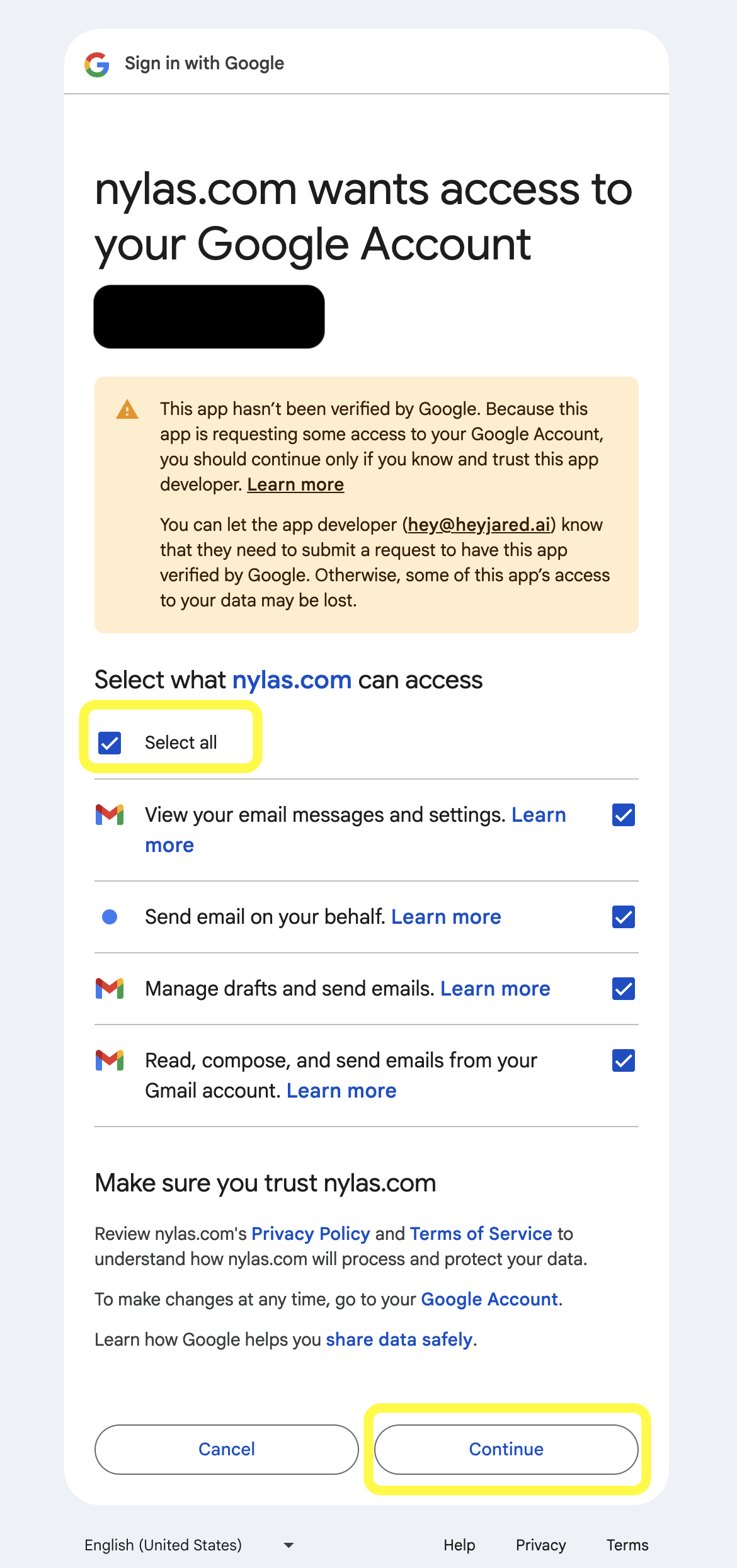 Nylas permission request screen