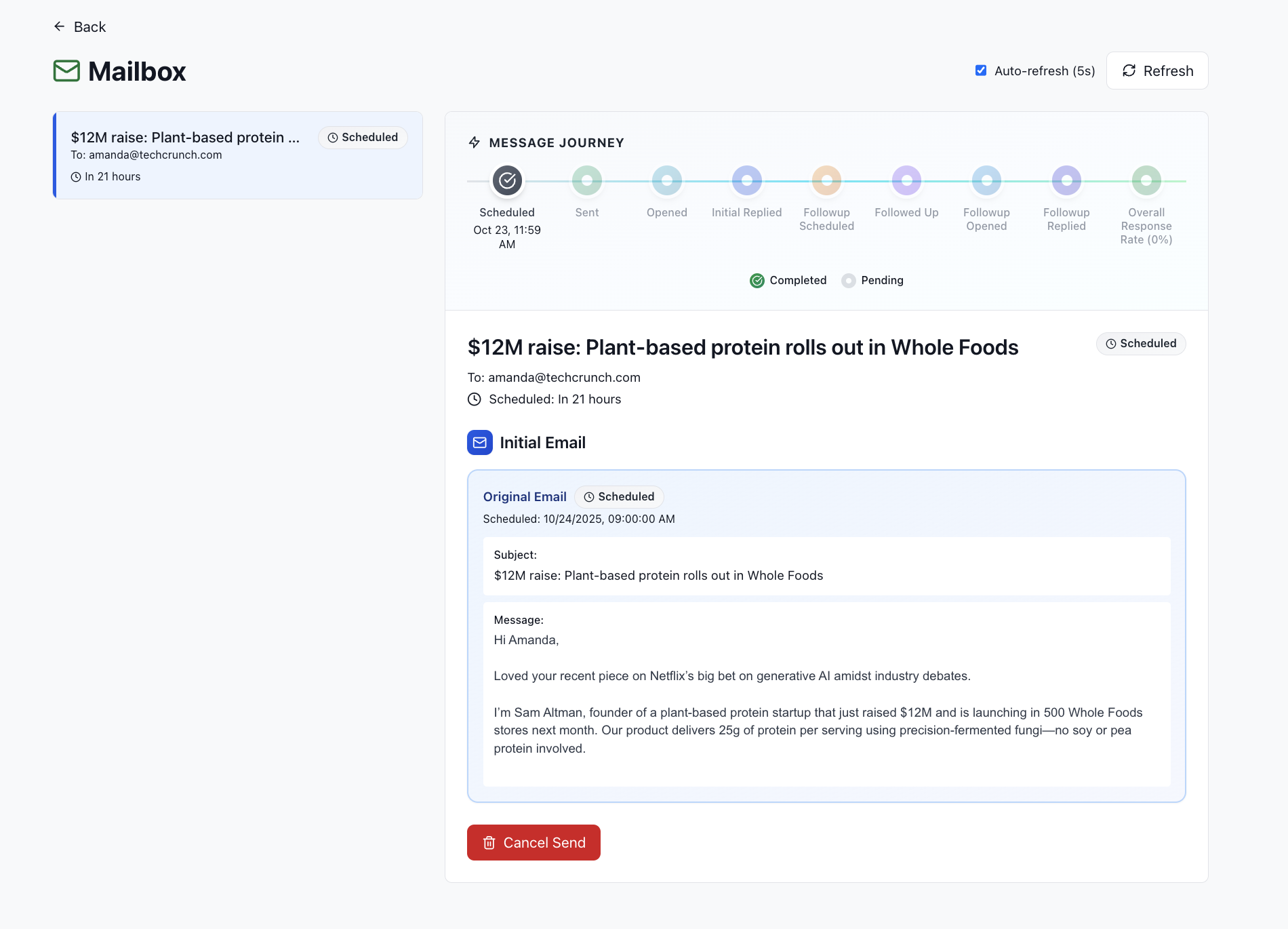 Mailbox showing scheduled email with message journey tracking