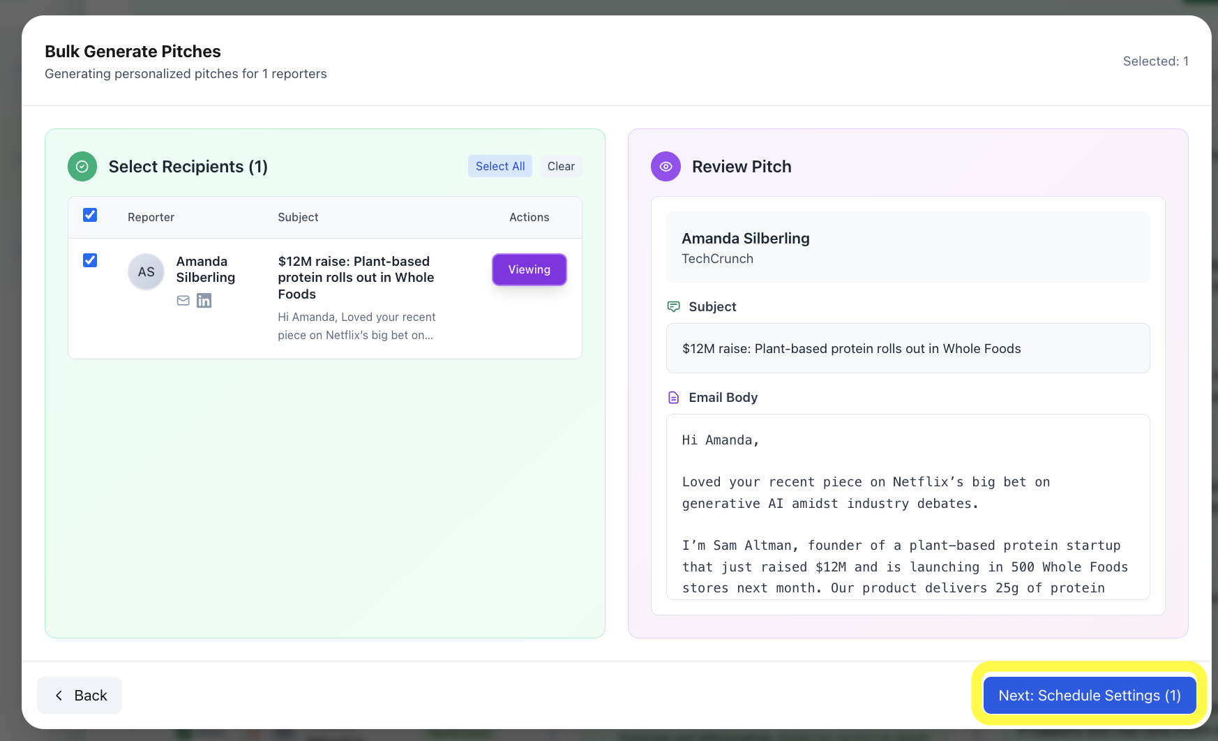 Review Pitches screen showing selected recipients and pitch preview