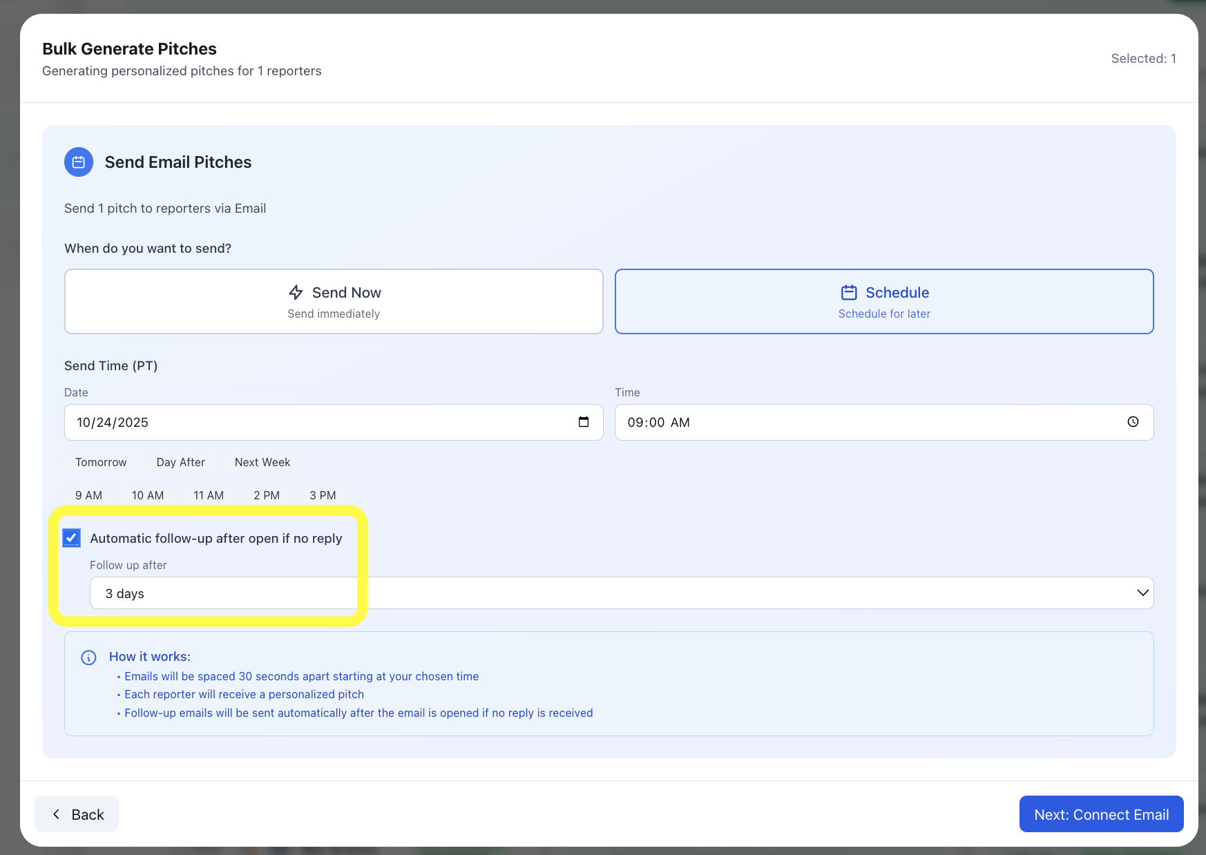 Schedule settings screen with send time and follow-up configuration