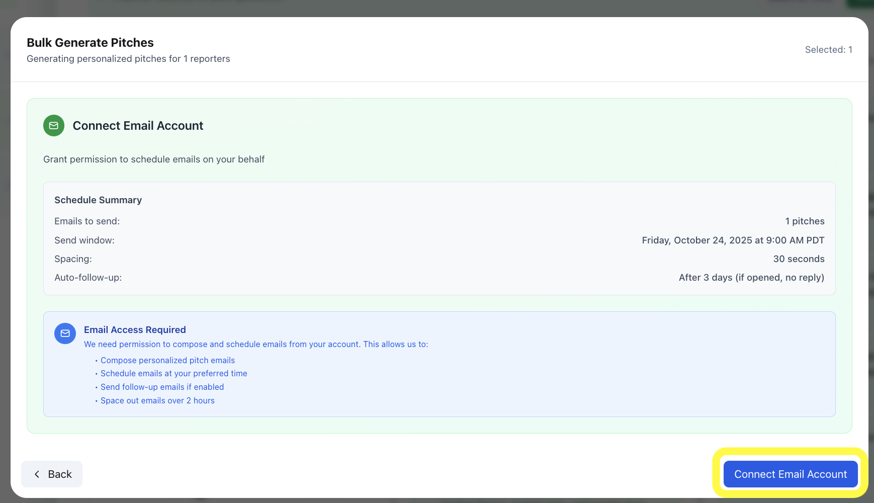Connect Email Account screen with schedule summary