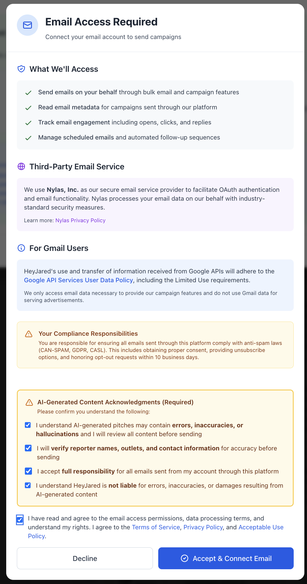 Legal Terms and Consent modal showing terms of service, privacy policy, and acceptable use policy