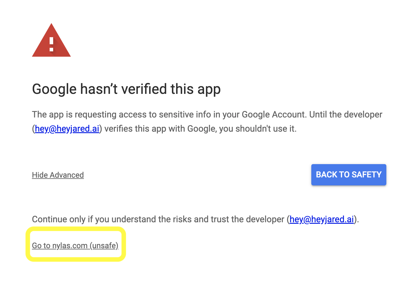 Advanced option showing Go to nylas.com link