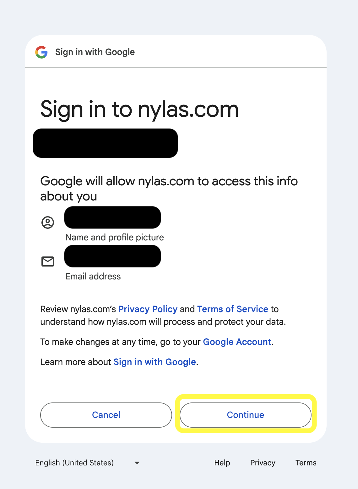 Sign in to nylas.com screen